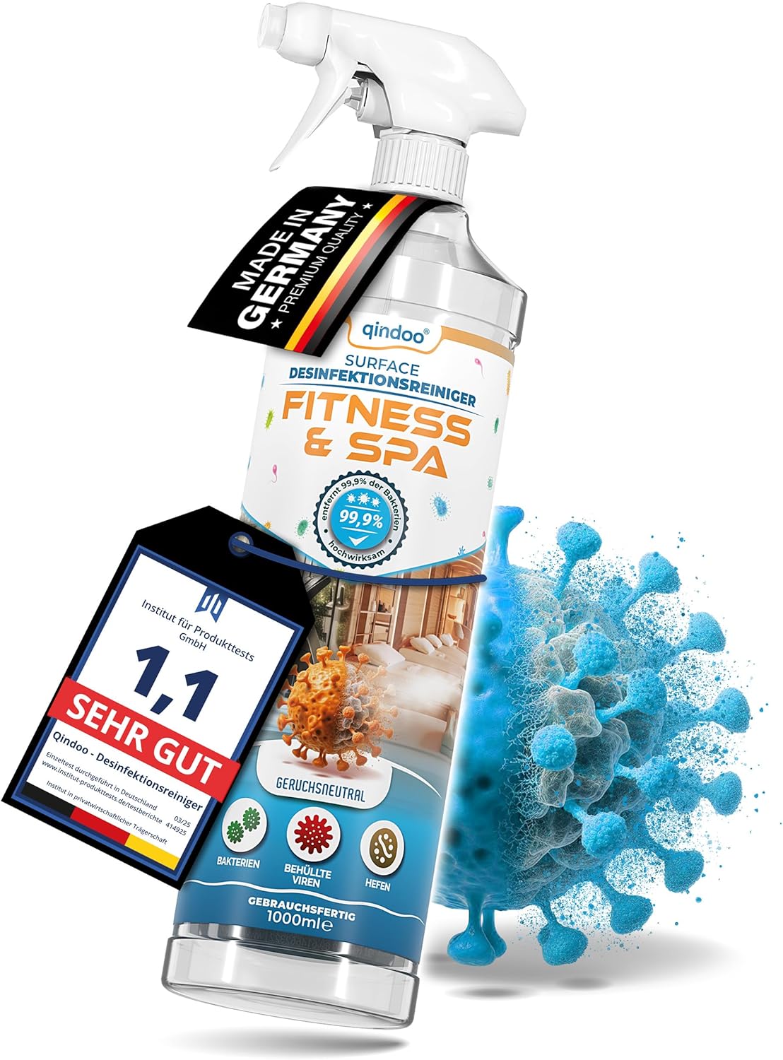 Qindoo Fitness Spa Disinfectant Cleaner Odourless 1L Disinfectant Spray for Gym, Sports, Rehabilitation, Yoga, Sauna, Gym, Cleans and Disinfects in One Operation
